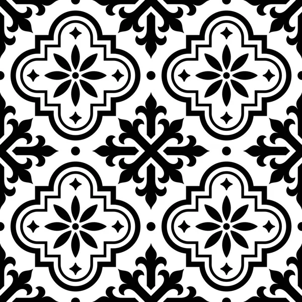 Испанская плитка узор, марокканская плитка дизайн, бесшовные черно-белый фон - Azulejo — стоковый вектор