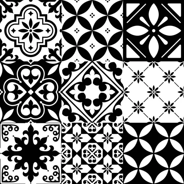 Azulejos espanhóis, azulejos marroquinos design, padrão preto sem costura —  Vetores de Stock
