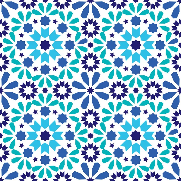 Patrón geométrico sin costuras, diseño de azulejos marroquíes, fondo de azulejo azul y turquesa sin costuras — Vector de stock