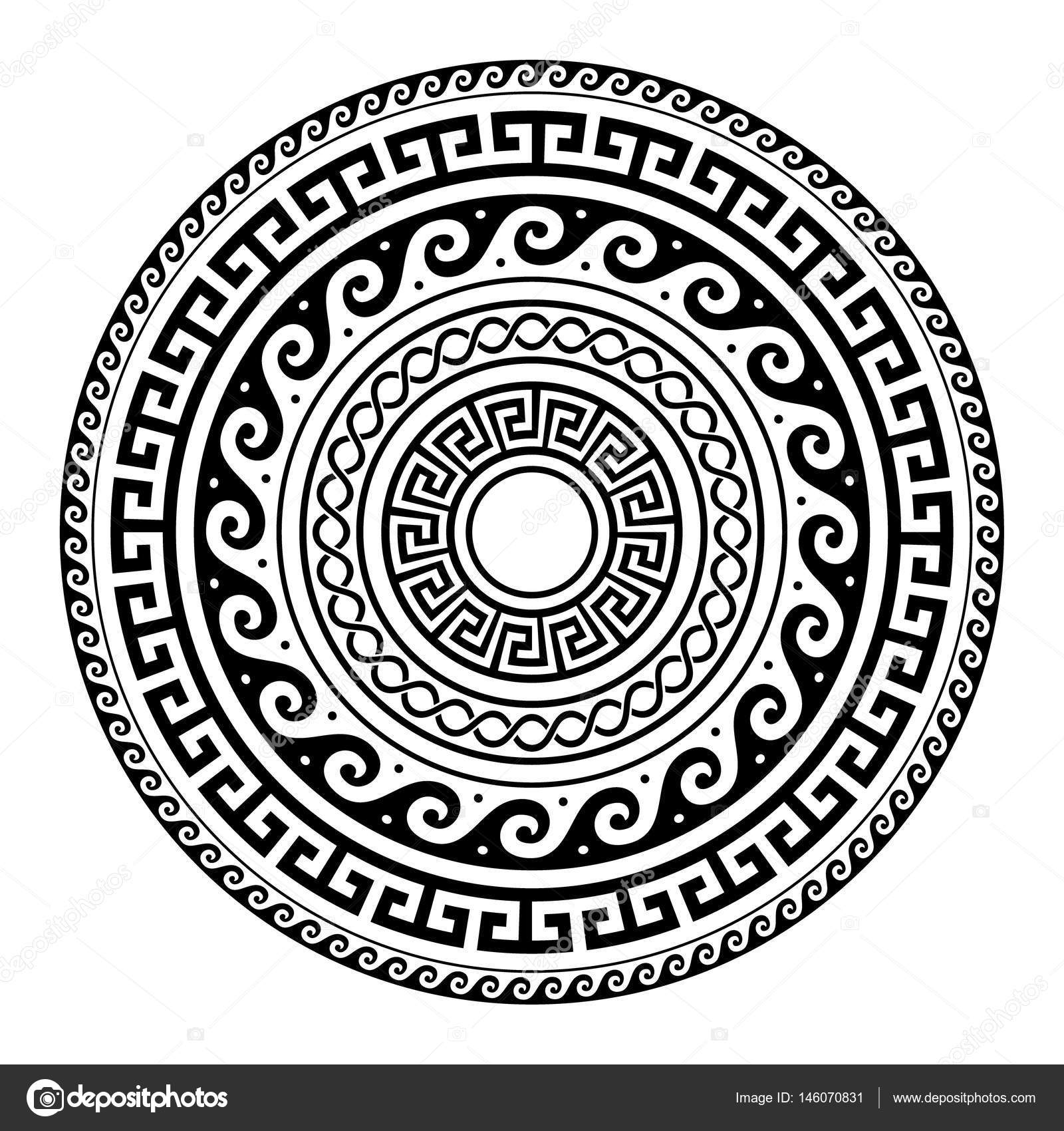 Ancient Greek round key pattern meander art, mandala black shape