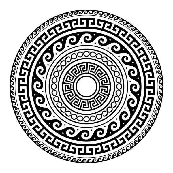 Antica chiave greca rotondo modello - arte meandro, mandala forma nera — Vettoriale Stock