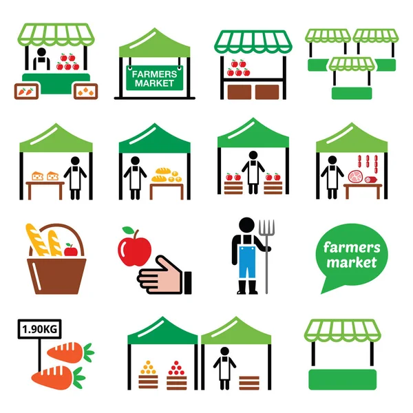 Mercado de agricultores, mercado de alimentos com ícones de produtos locais frescos conjunto —  Vetores de Stock