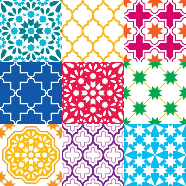 Moroccan tiles design, seamless geometric pattern collections in blue, green, red, orange, navy blue — Stock Vector