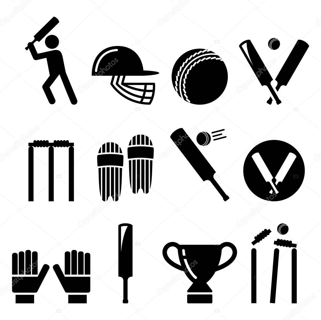 Cricket bat, man playing cricket, equipment - sport icons set