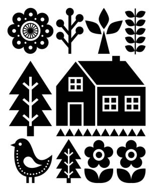 Fince ilham halk desen - İskandinav, Nordic style siyah