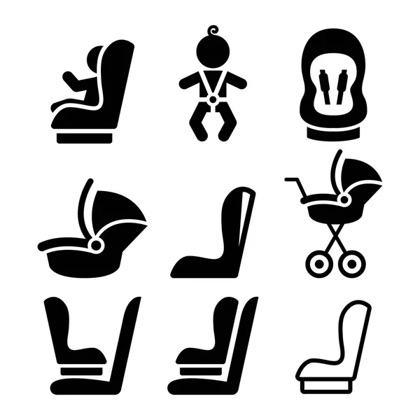 Assento de carro de bebê, assento de carro de enigma ícones de viagem seguros para crianças — Vetor de Stock