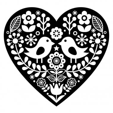 İskandinav siyah halk sanat desen kuşlar ve çiçekler - Sevgililer günü, aşk kavramı ile