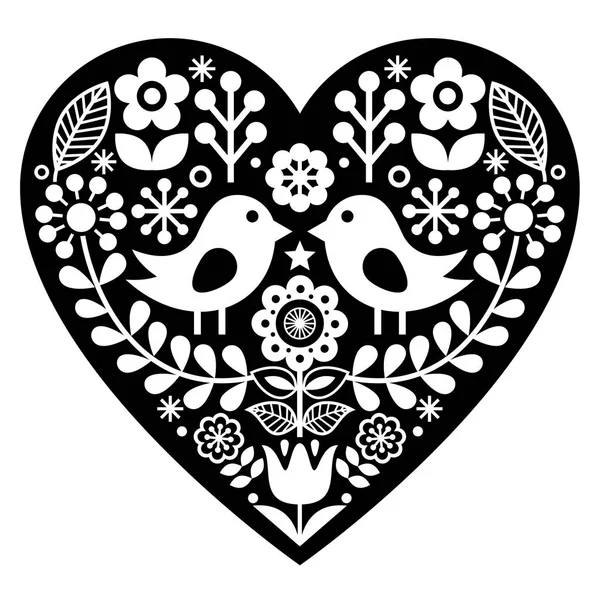Padrão de arte popular preto escandinavo com pássaros e flores - Dia dos Namorados, conceito de amor —  Vetores de Stock