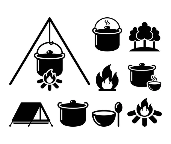 Főzés során a tűz, tábortűz, főzés, kirándulás ikonok beállítása — Stock Vector