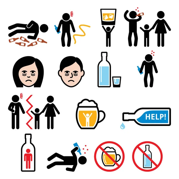 Alcoholism, drunk man, alcohol addiction icons — Stock Vector