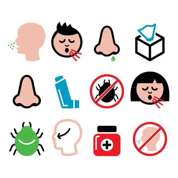 Therapy, ill, treatment, breathe, spray, drugstore, drug, virus, bacteria, bug, do not, warning sign, hospital, GP, doctor, pharmacy, medicine, problem, woman, allergic, dust mite, inhaler, man head, tissue box, healthcare, medical, cough, runny nose — Stock Vector