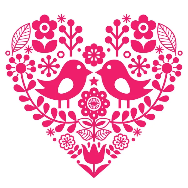 Scandinavische folk patroon met vogels en bloemen - roze ontwerp, Fins geïnspireerde - Valentijnsdag of verjaardagskaart — Stockvector