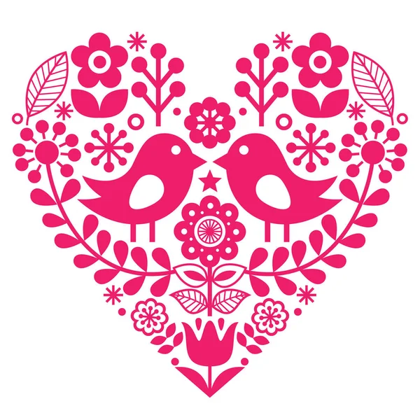 Padrão popular escandinavo com pássaros e flores - design rosa, inspirado finlandês - Dia dos Namorados ou cartão de aniversário — Vetor de Stock