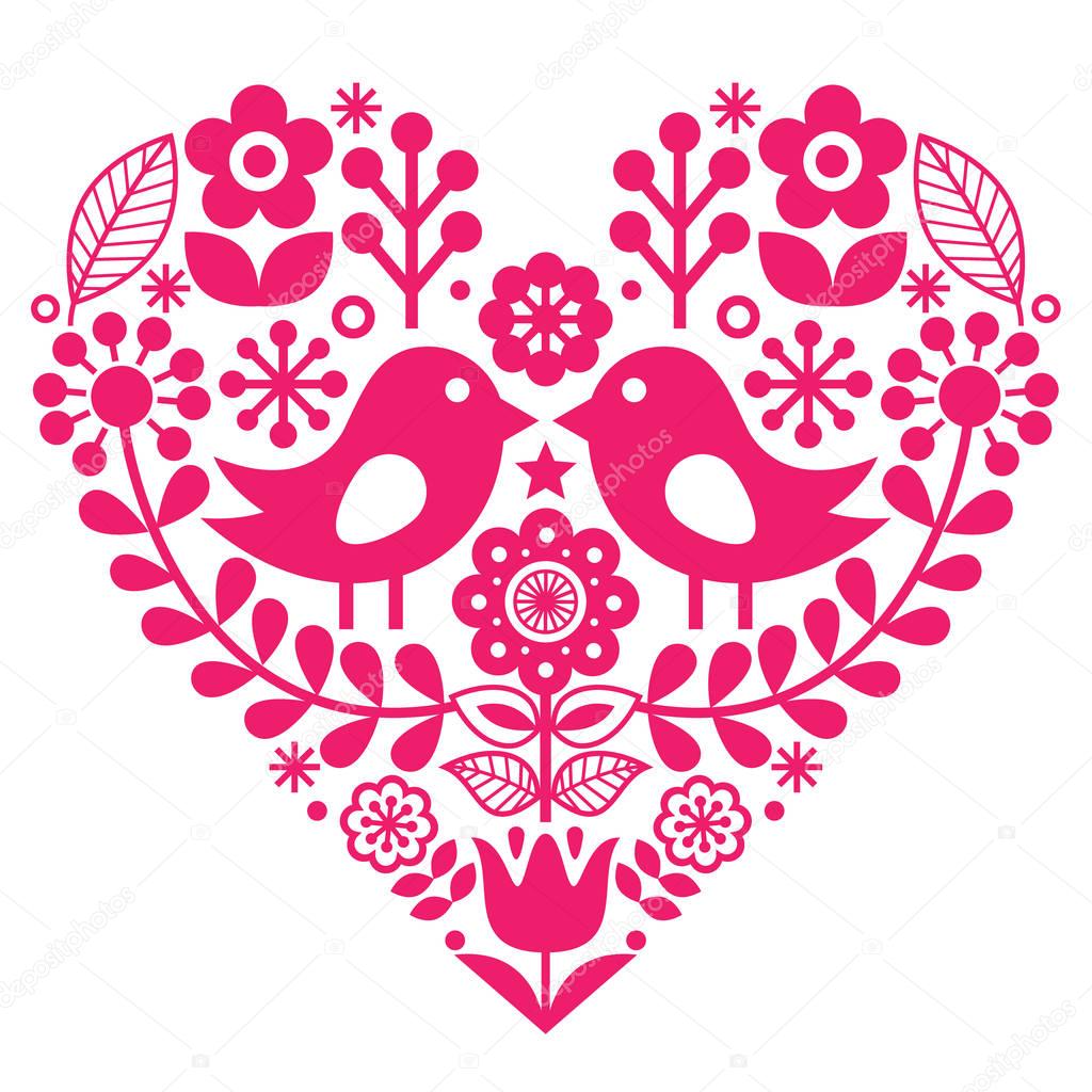 Scandinavian folk pattern with birds and flowers - pink design, Finnish inspired - Valentine's Day or birthday card