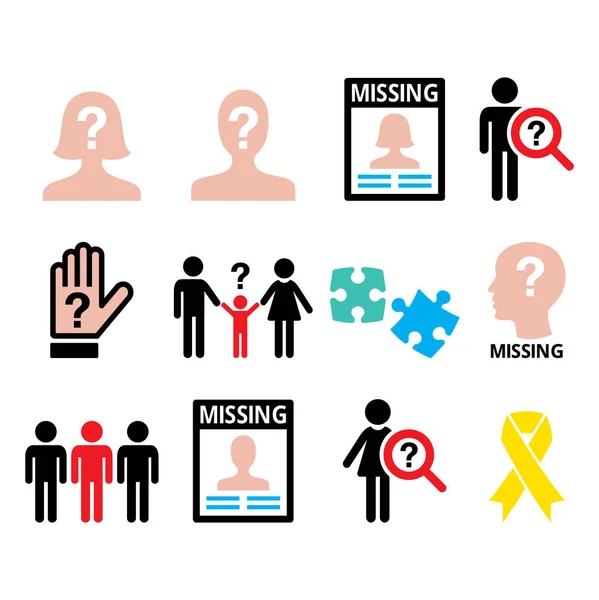 Missing people - man and woman, missing children icons set — Stock Vector