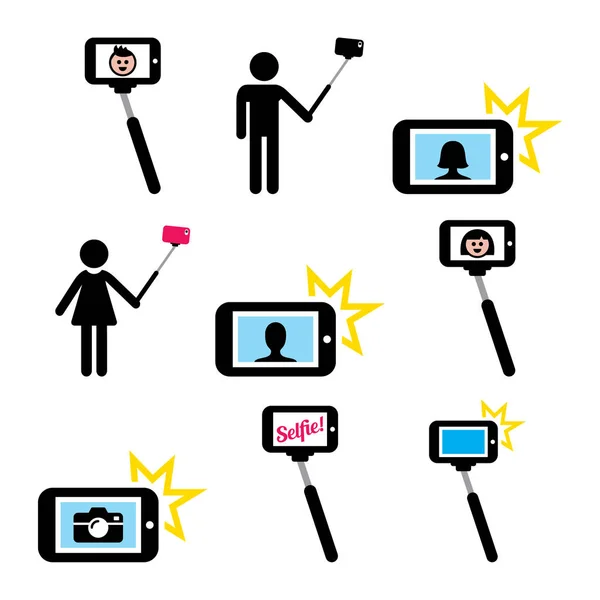 Selfie kibír-val mozgatható vagy mobiltelefon ikonok beállítása — Stock Vector