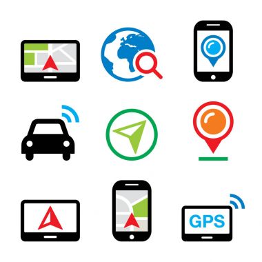 GPS, araç navigasyon, vektör simgeler kümesi seyahat    