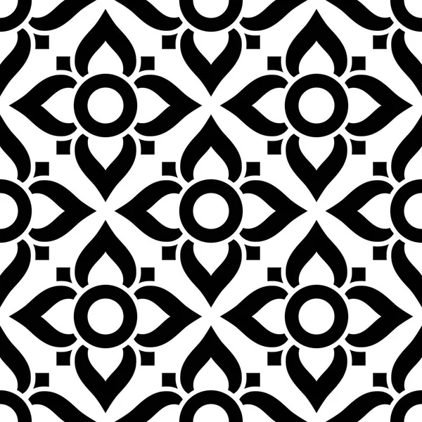 Thai seamless pattern with flowers - black and white tile, inspired by art from Thailand — Stock Vector