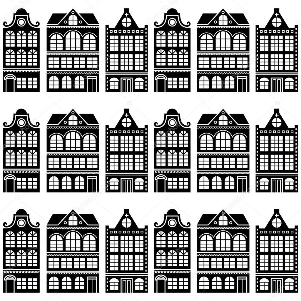 Seamless house pattern - Dutch, Amsterdam houses, retro style  