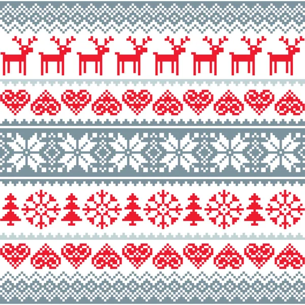 Hiver, motif sans couture rouge et gris Noël, fond nordique avec rennes et flocons de neige — Image vectorielle