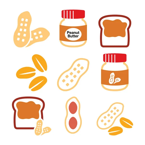 Erdnüsse, Erdnussbutter - Essensvektorsymbole gesetzt — Stockvektor