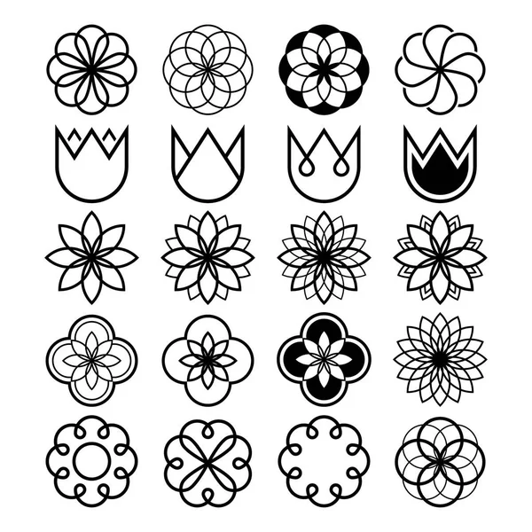 Flores geométricas, conjunto de flores abstratas, forma de tulipa, ícones de linha — Vetor de Stock