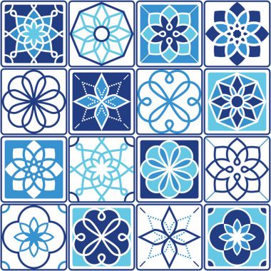 Portekizce Azulejo fayans tasarımı, lacivert ve turkuaz kesintisiz geometrik desenler collection  