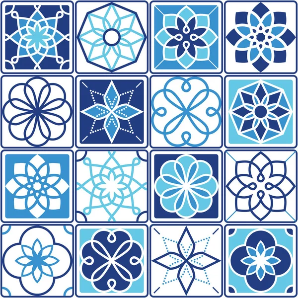 Portugiesisches Azulejo-Fliesen-Design, Kollektion nahtloser geometrischer Muster in marineblau und türkis — Stockvektor