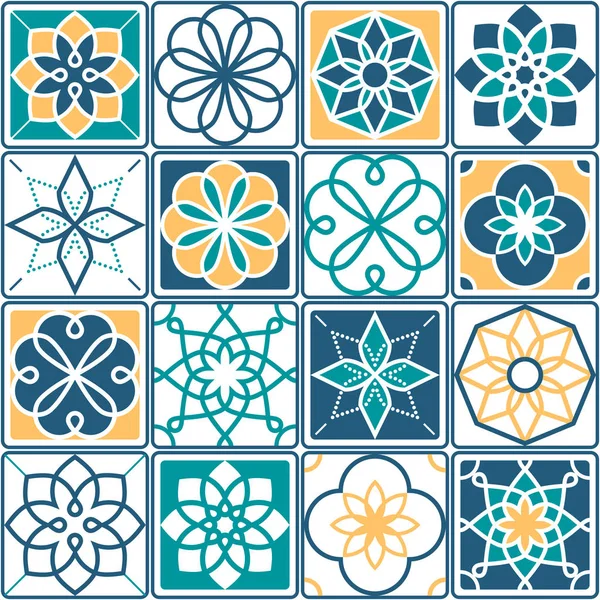 Padrão de azulejos portugueses - Azulejo, coleção de desenho geométrico sem costura em amarelo e turquesa — Vetor de Stock