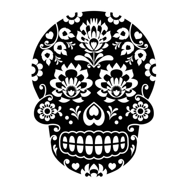 Cráneo de azúcar mexicano, cráneo de Halloween con flores - Arte popular polaco al estilo Wycinanki — Archivo Imágenes Vectoriales