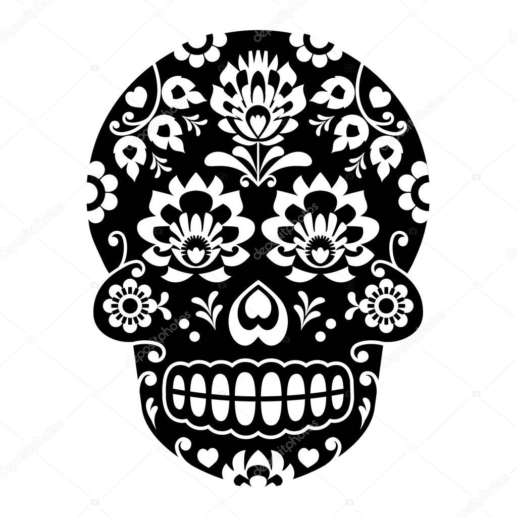 Mexican sugar skull, Halloween skull with flowers - Polish folk art Wycinanki style