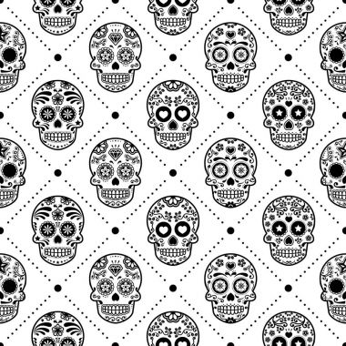 Cadılar Bayramı seamless modeli, Meksika şeker kafatası vektör tasarımı, Dia de los Muertos, Calavera arka plan
