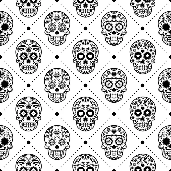 Patrón inconsútil de Halloween, diseño de vectores de cráneo de azúcar mexicano, Día de los Muertos, Fondo de Calavera — Vector de stock
