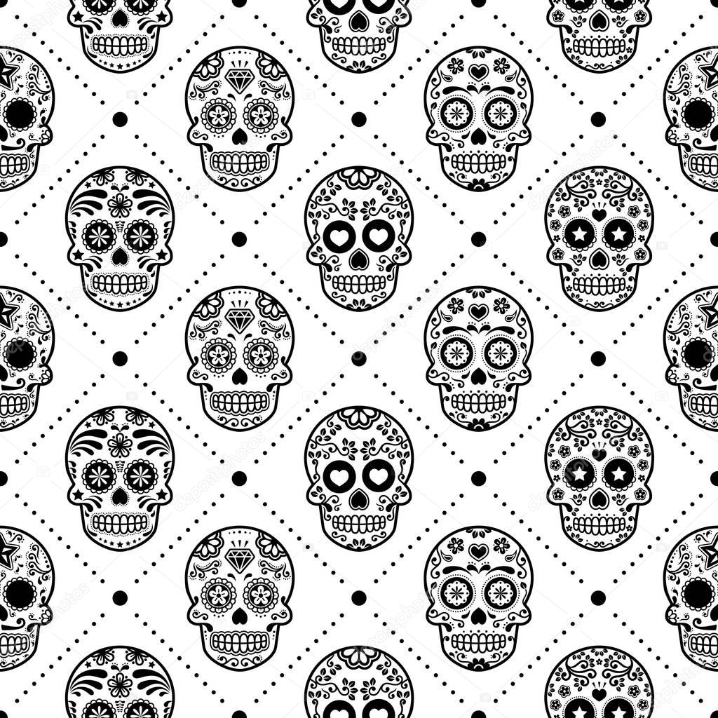 Halloween seamless pattern, Mexican sugar skull vector design, Dia de los Muertos, Calavera background