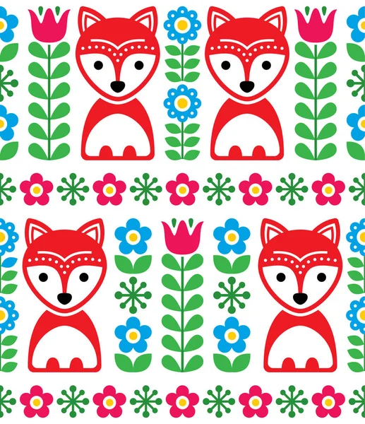 Skandinavischen nahtlosen Muster, nordischen Hintergrund mit Füchsen und Blumen, Volkskunst-Design — Stockvektor
