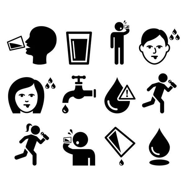 Žízeň člověka, sucho v ústech, žízeň, lidé pitné vody ikony nastavit — Stockový vektor