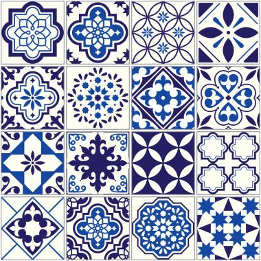 Vektör döşeme deseni, Lizbon çiçek Mozaik, Akdeniz sorunsuz lacivert süsleme