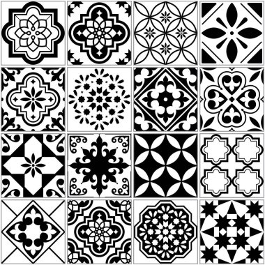 Vektör döşeme deseni, Lizbon çiçekli mozaik, Akdeniz pürüzsüz siyah beyaz süslemesi.