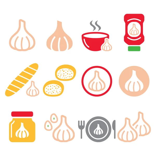 Garlic, food icons set - garlic sauce, soup and bread vector designs — Stock Vector