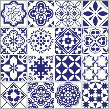 Sorunsuz çini desen, Akdeniz çiçek mozaik seti, Lizbon sorunsuz lacivert süsleme