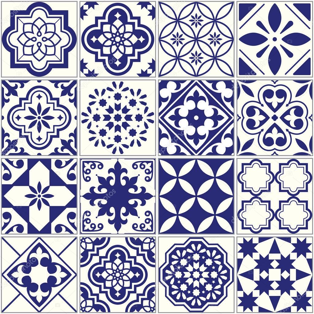 Seamless tiles pattern, Mediterranean floral mosaic set, Lisbon seamless navy blue ornament