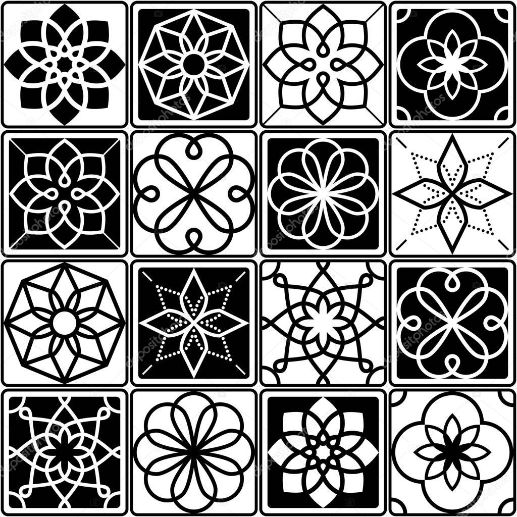 Portuguese Azulejo tiles design, seamless geometric patterns collection in black and white