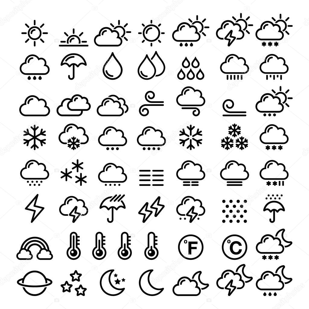Weather line icons set - big pack of 70 weather forecast graphic elements, sun, cloud, rain, snow, wind, rainbow  