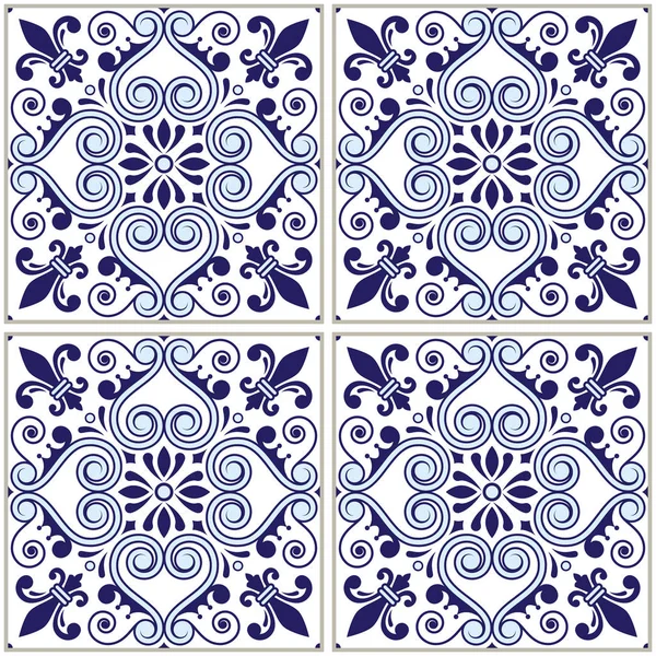 Padrão de azulejos portugueses - Azulejo projeto azul marinho, fundo azul vetor sem costura, mosaico vintage conjunto — Vetor de Stock