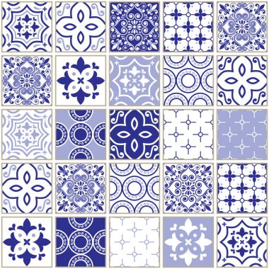 Veector lacivert çini deseni, Azulejo - Portekizce sorunsuz karo tasarımı, seramik set