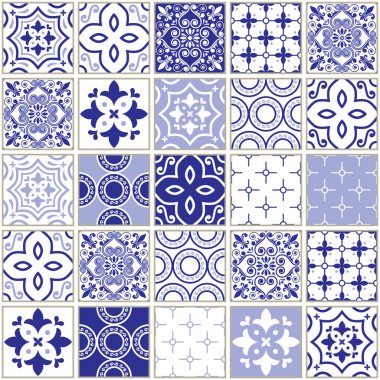 Veector lacivert çini deseni, Azulejo - Portekizce sorunsuz karo tasarımı, seramik set