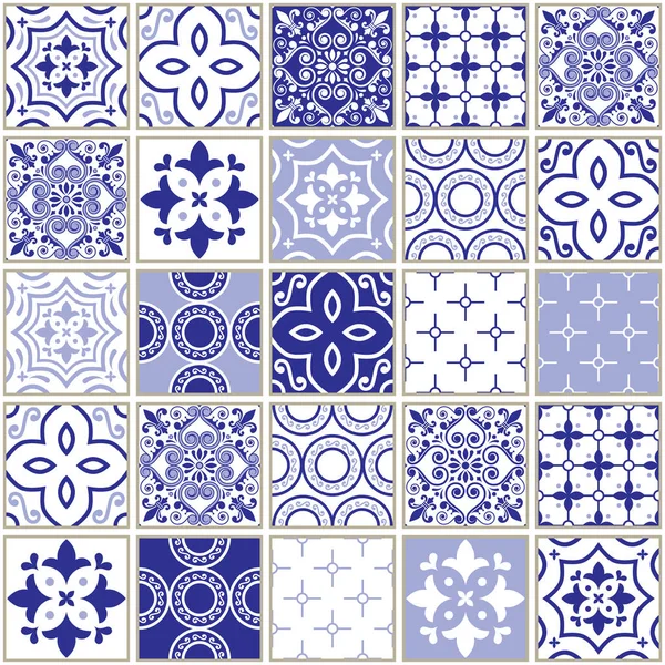 Veector navy blue tiles pattern, Azulejo - Portuguese seamless tile design, ceramics set — Stock Vector