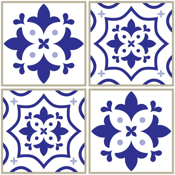 Tegels patroon, Spaans of Portugees tegel blauwe achtergrond, geometrische ontwerpen — Stockvector