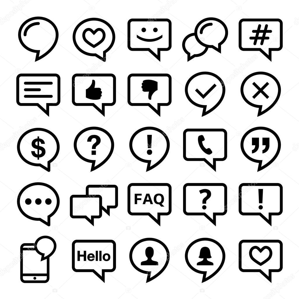 Speech bubble line icons set- comment, web, blog, contact vector design 