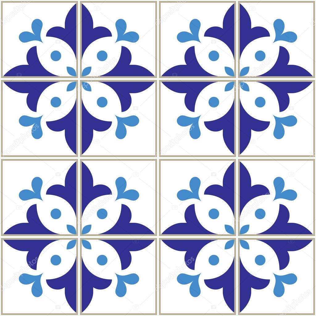 Azulejos tiles pattern - Portuguese navy blue design, seamless vector blue background, vintage mosaics set
